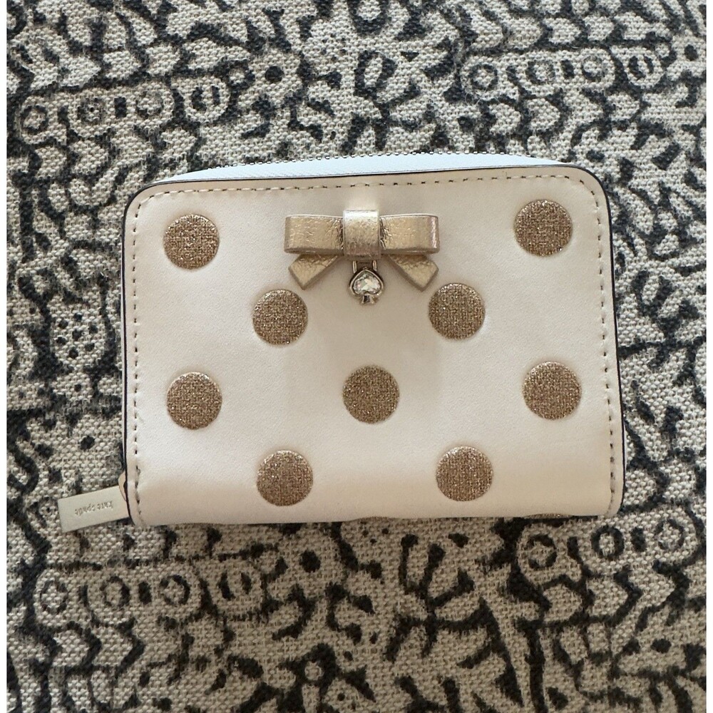 New Kate Spade Small Zip Around Card Case Wallet Wrapping Party Polka dot Gold